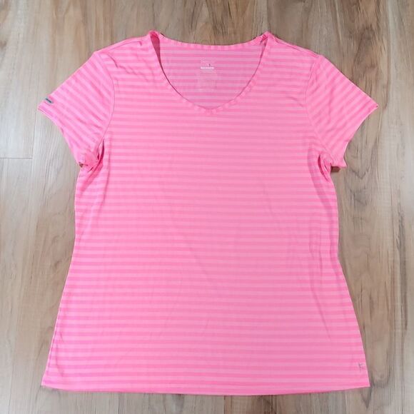 🔺️Danskin Neon Pink Striped Vneck Athletic Top XLarge - Picture 2 of 8